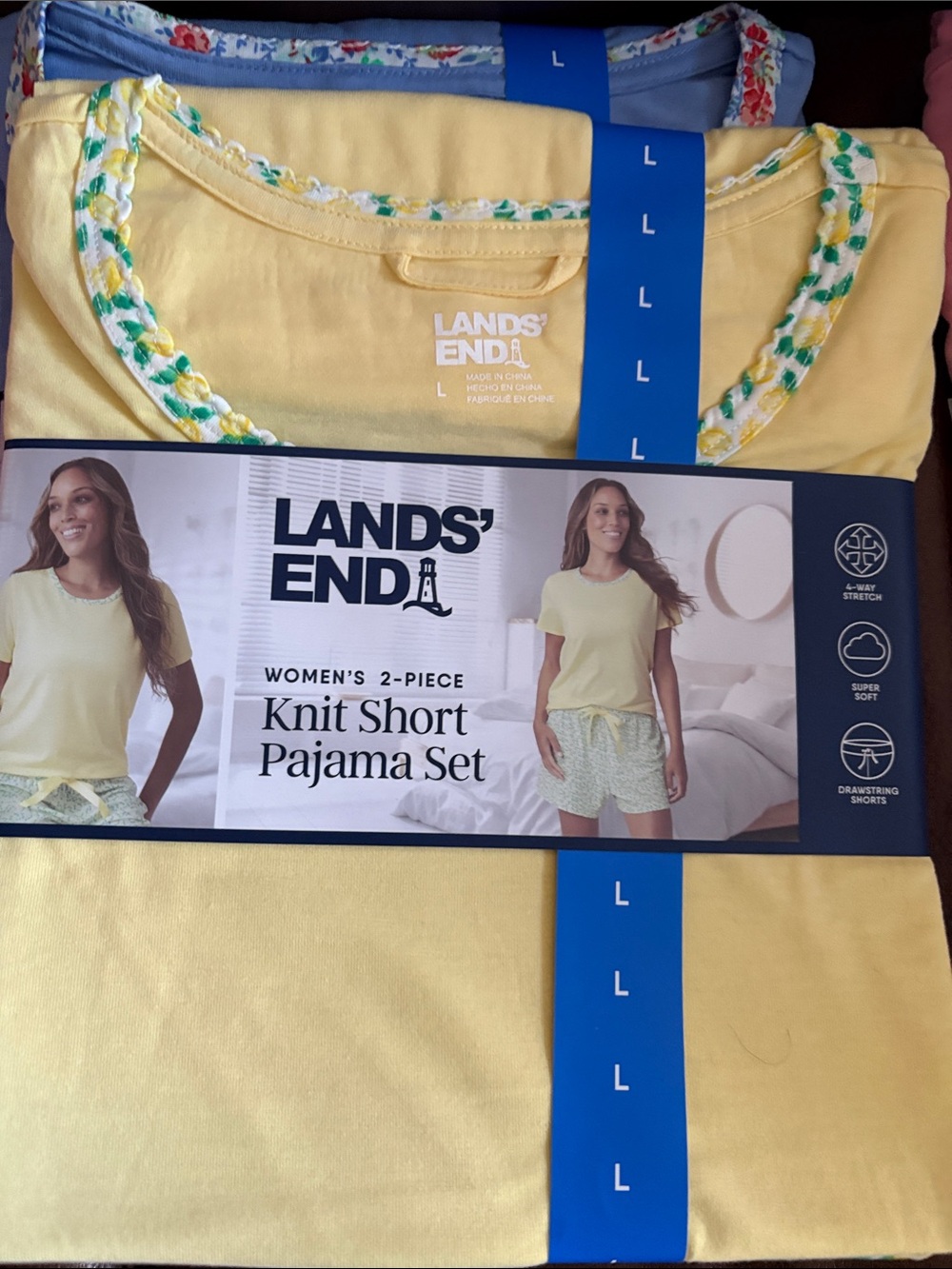 Lands' End Women's Short Sleeve Knit Pajama Sets in Yellow, Blue, Pink - Picture 3 of 8